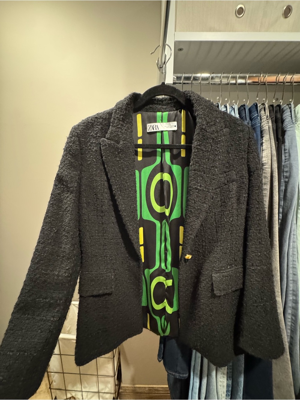 ZARA Black Tweed Textured Blazer Green Geometric Lining